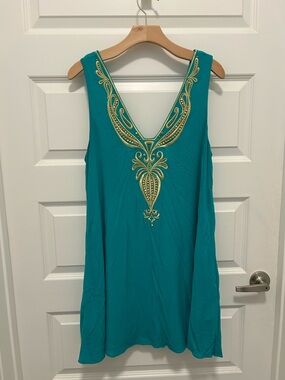 Lilly Pulitzer OWEN Agate Green Swing Dress Gold Beading Pockets MED Trapeze